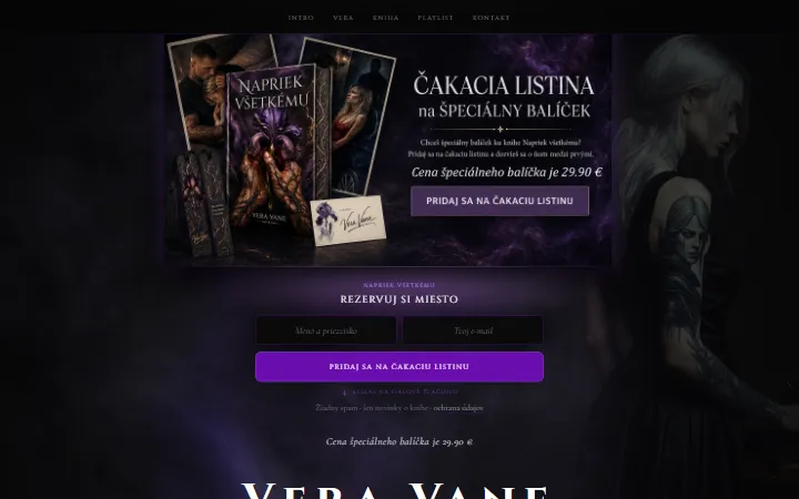 Úvodná obrazovka webu veravane.sk – tmavý autorský web s knihou Napriek všetkému a prihlásením na čakaciu listinu.