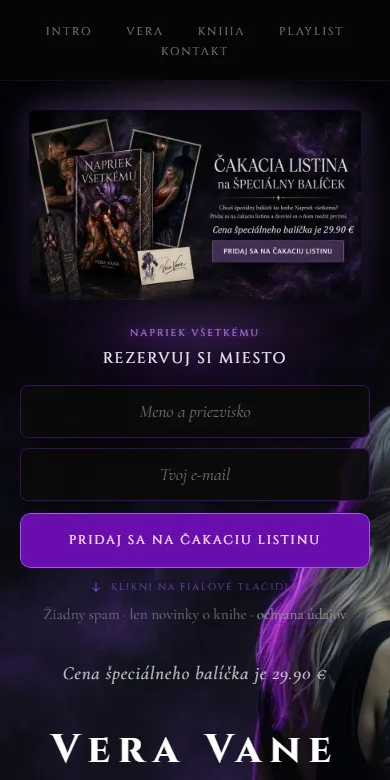 Mobilná verzia webu veravane.sk s rovnakým vizuálom a formulárom pod sebou.